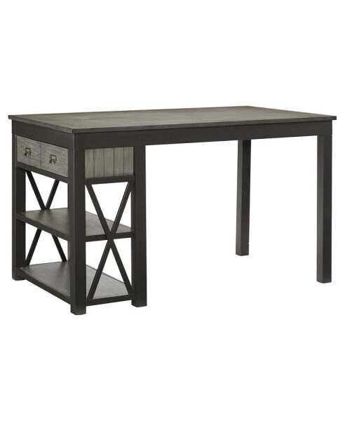 Gray Gunmetal Finish Counter Height Dining Table with Storage Shelves