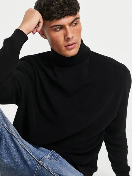 ASOS DESIGN lightweight oversized rib roll neck jumper in black