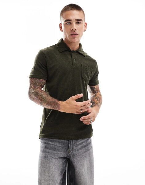 Brave Soul towelling polo shirt with revere collar in khaki