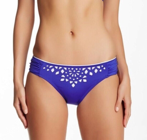 BECCA American Fit Laser Cut Out Womens Solid Blue Swimsuit Bikini Bottom Size S