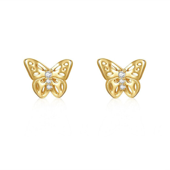 Enchanting 14k Yellow Gold Plated 3-Stone Filigree Butterfly Stud Earrings with Cubic Zirconia
