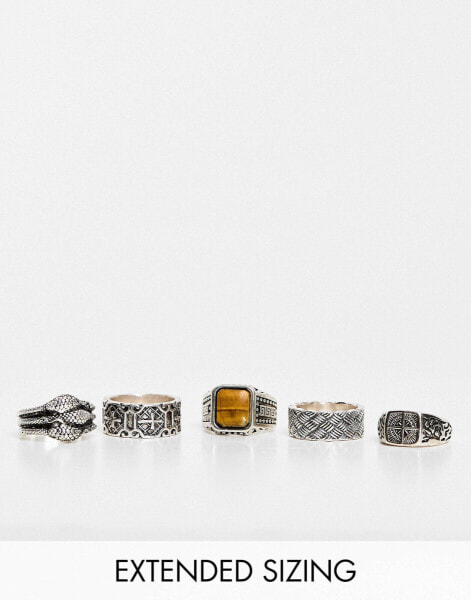 ASOS DESIGN 5 pack ring set with claw and compass in burnished silver tone