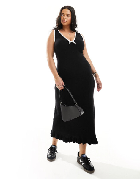 ASOS DESIGN Curve knitted moss stitch maxi dress with contrast trims in black and white