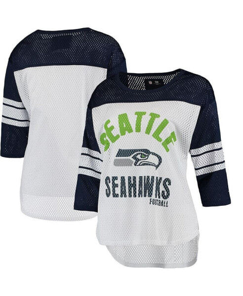 Women's White and College Navy Seattle Seahawks First Team Three-Quarter Sleeve Mesh T-shirt