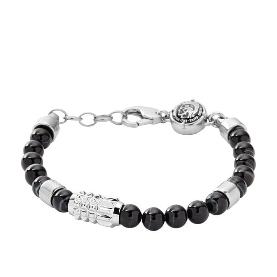 Men's Silver Tone and Black Agate Stainless-Steel Beaded Bracelet