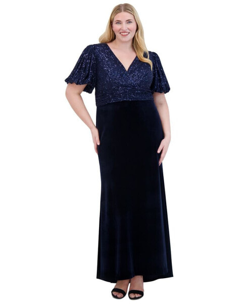 Plus Size V-Neck Mixed-Media Sequin Velvet Gown