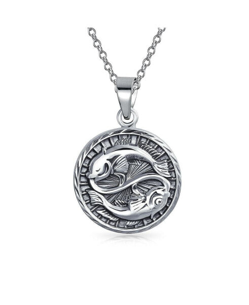 Pisces Zodiac Sign Astrology Horoscope Round Medallion Pendant For Men Women Necklace Antiqued Sterling Silver