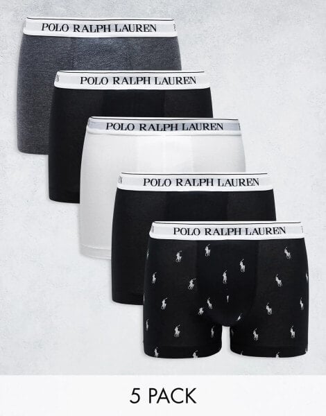 Polo Ralph Lauren – 5er-Pack Unterhosen in Schwarz, Grau und Weiß mit All-over-Polospielerlogo