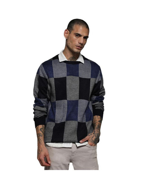 Men's Blue Block Check Pullover Sweater