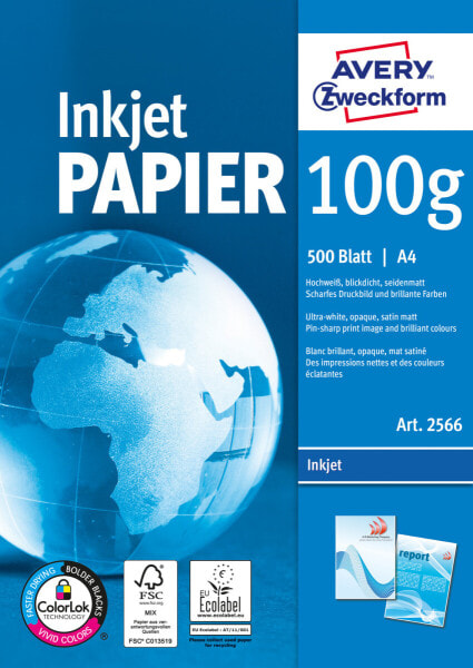 Avery Zweckform Avery Bright White Inkjet Papier A4 500 Sheets - Inkjet printing - A4 (210x297 mm) - Satin-matt - 500 sheets - 100 g/m² - White