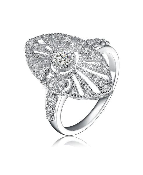 Sterling Silver Clear Round Cubic Zirconia Filigree Ring