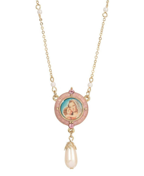 Symbols of Faith 14K Gold-Dipped Pink Simulated Pearl Drop Pendant Mary and Child Necklace