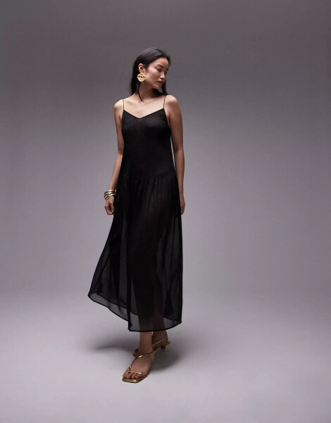 Topshop sheer pintuck waist maxi dress in black