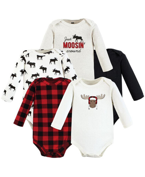Baby Boys Cotton Long-Sleeve Bodysuits, Winter Moose 5-Pack