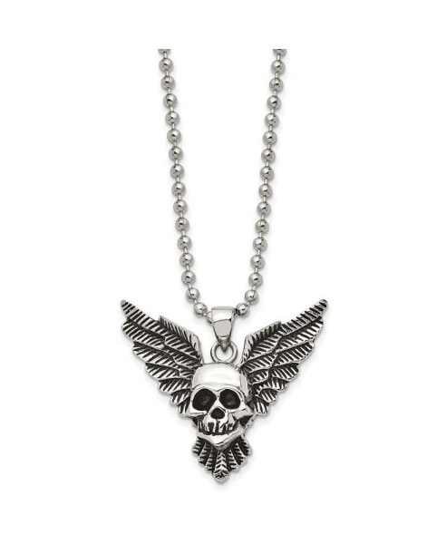 Antiqued Skull with Wings Pendant Ball Chain Necklace