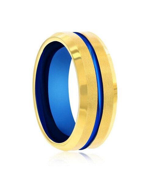 Gold & Blue Stripe Tungsten Ring - Matte & Polished