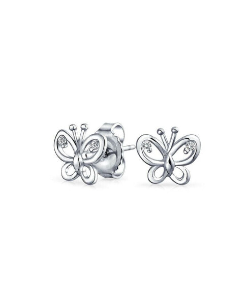 Tiny Delicate Cubic Zirconia Accent CZ Open Garden Butterfly Stud Earrings .925 Sterling Silver