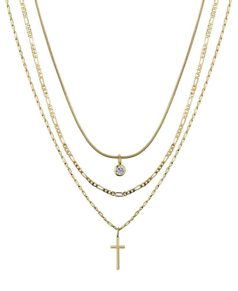 Unwritten cubic Zirconia Bezel and 14K Gold Plated Cross Pendant Layered Necklace Set, 3 Pieces