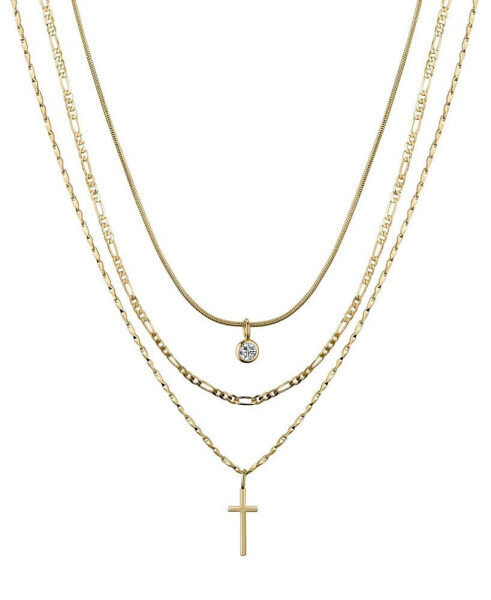 Cubic Zirconia Bezel and 14K Gold Plated Cross Pendant Layered Necklace Set, 3 Pieces