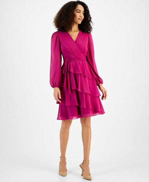 Petite Belted Long-Sleeve Ruffle-Skirt Dress