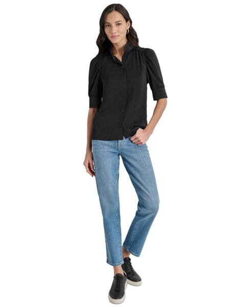 Women's Stand Collar Puff-Sleeve Shirt