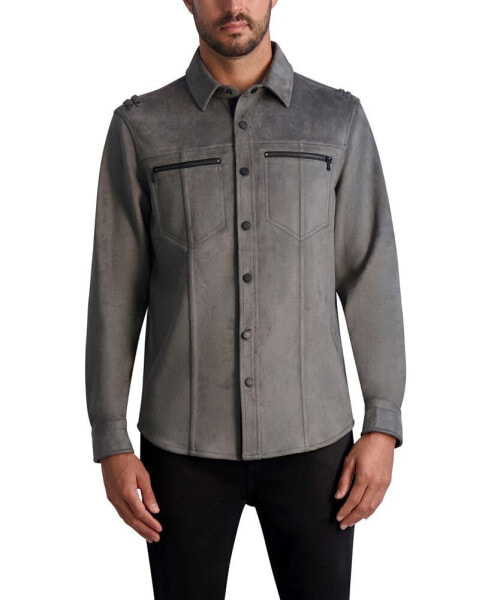Men's Faux Suede Exposed Zippers Shirt Jacket