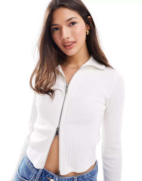 Miss Selfridge ribbed zip up long sleeve top in ivory