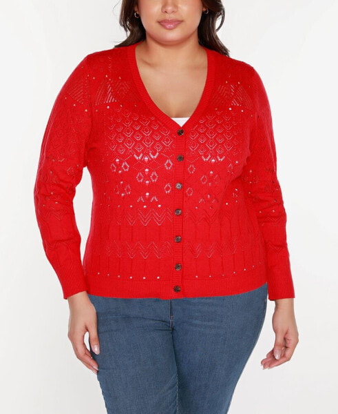 Black Label Plus Size Pointelle Button Front Cardigan Sweater