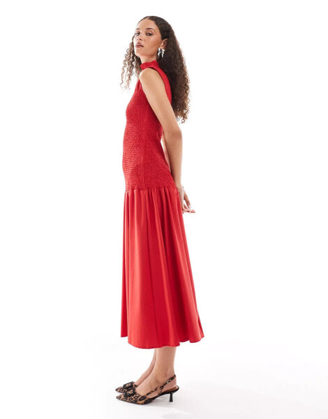 Ghospell Kali shirred dropwaist midi dress in red