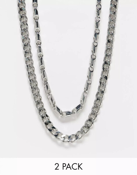 ASOS DESIGN 2 pack mixed chain necklace set in silver tone