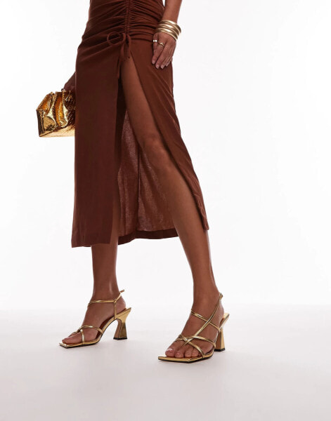 Topshop Wide Fit Gracy strappy block heeled sandals in gold