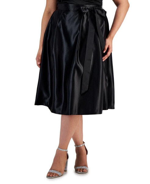 Plus Size Belted Satin A-Line Midi Skirt