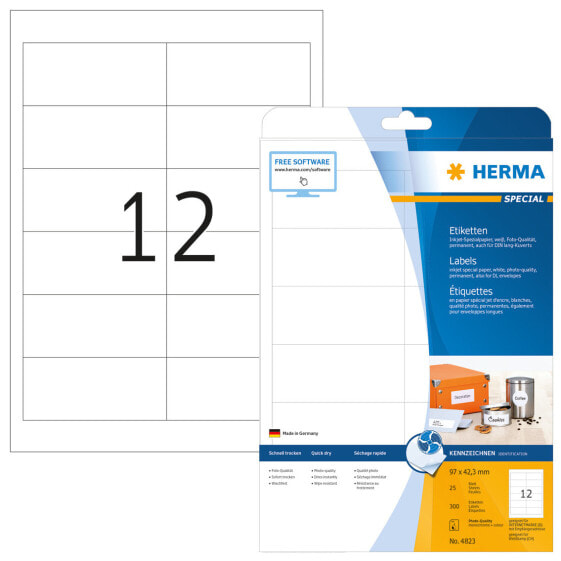 HERMA Inkjet labels A4 97x42.3 mm white paper matt 300 pcs. - White - Self-adhesive printer label - A4 - Paper - Inkjet - Permanent