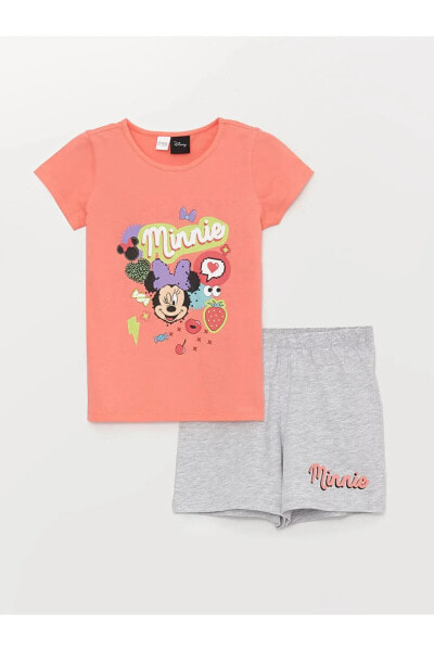 LCW Kids Bisiklet Yaka Minnie Mouse Baskılı Kısa Kollu Kız Çocuk Şortlu Pijama Takımı