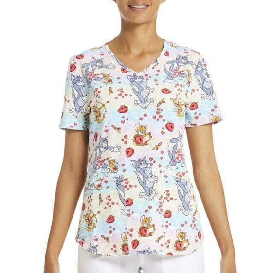 Scrubstar Scrub Top Women's Multi Tom and Jerry's Love Print V-Neck Round Hem XS