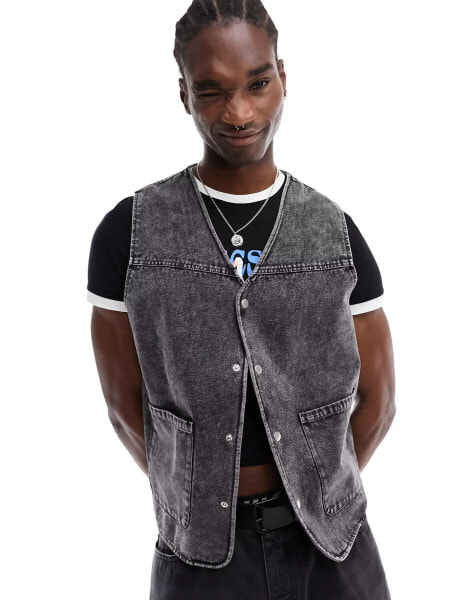 ASOS DESIGN utility gilet with acid wash in black