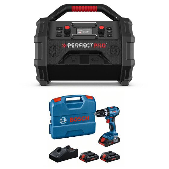 PerfectPro Baustellenradio-Set ROCKTAGON 18V AMPShare + Bosch GSB 18V-45, 3 x ProCORE18V 4.0Ah + Lader