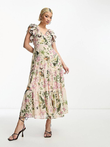 & Other Stories maxi dress with ruffle shoulder detail in floral print