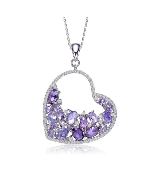 Sterling Silver with White Gold Plating Purple Oval with Clear Round Cubic Zirconia Open Heart Necklace