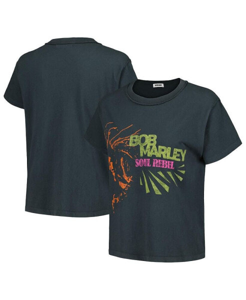 Women's Black Distressed Bob Marley Soul Rebel Reverse Girlfriend T-shirt