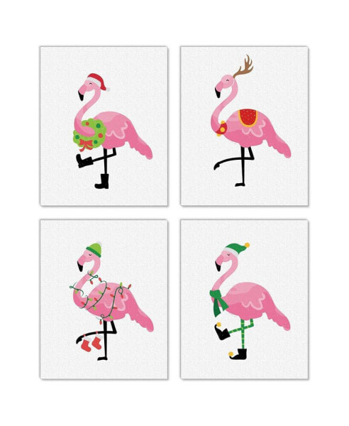 Flamingle Bells Tropical Christmas Linen Paper Wall Art Artisms 8" x 10" 4 Ct