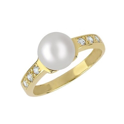 Charming yellow gold ring with crystals and genuine pearl 225 001 00237