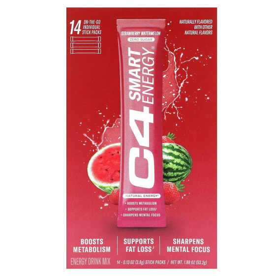 Cellucor, C4 Smart Energy, смесь для приготовления энергетического напитка, со вкусом клубники и арбуза, 14 стик-пакетов по 3,8 г (0,13 унции)