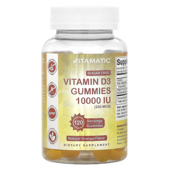 Sugar Free Vitamin D3, Natural Orange, 250 mcg (10,000 IU), 120 Gummies