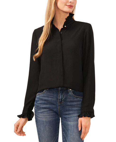 Women's Ruffled-Collar Button-Front Long-Sleeve Blouse