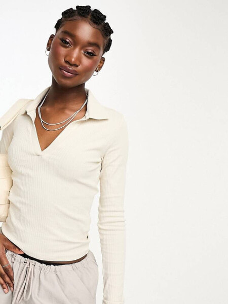 Monki long sleeve collar top in cream