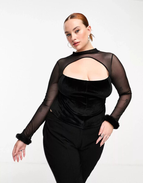 ASOS DESIGN Curve velvet corset top with mesh sleeves in black