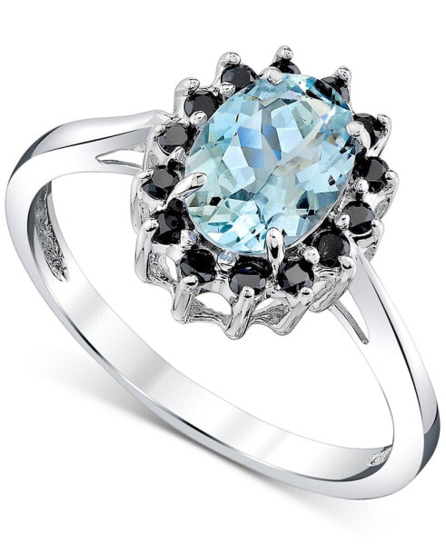 Aquamarine (1-1/10 ct. t.w.) & Black Diamond (1/5 ct. t.w.) Halo Ring in 14k White Gold