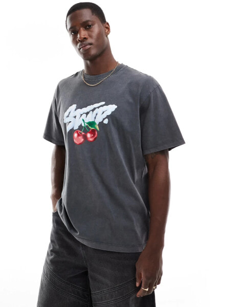 Pull&bear stwd cherry printed t-shirt in charcoal