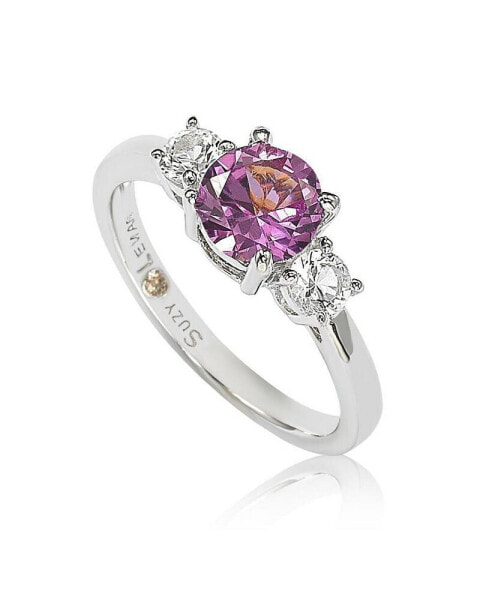 Pink Sapphire & Lab-Grown White Sapphire 3 Stone Bridal Ring in Sterling Silver by Suzy Levian